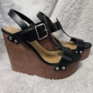 Black and Brown Wedge Sandals